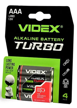 Батарейки лужні videx lr03 / aaa turbo 1.5v alkaline, мізинчикові батарейки підвищеної потужності, 4 шт блістер ft