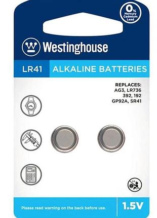 Лужна батарейка westinghouse alkaline "таблетка" lr41 ag3 2шт/уп blister ft