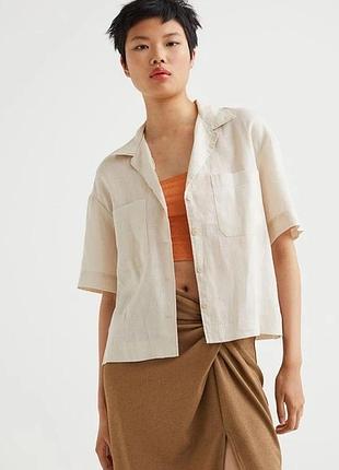 Бежевая льняная рубашка с короткими рукавами от h&amp;m, 100% лен