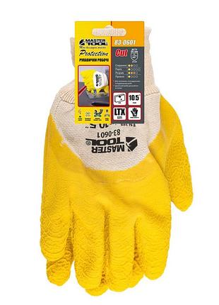 Перчатки хлопчатобумажные mastertool латексное ребристое покрытие ¾ 10.5" желтые 83-0601 2