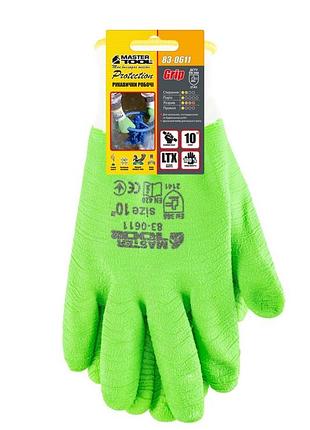 Перчатки трикотажные бесшовные mastertool полное ребристое латексное покрытие 10" подвес зеленые 83-0611 2