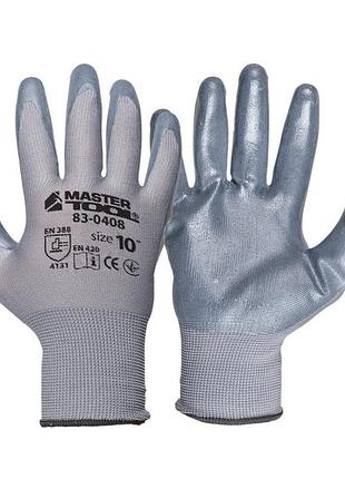 Рукавички трикотажні безшовні mastertool нітрилове покриття долоні 10" підвіс сірі 83-0408