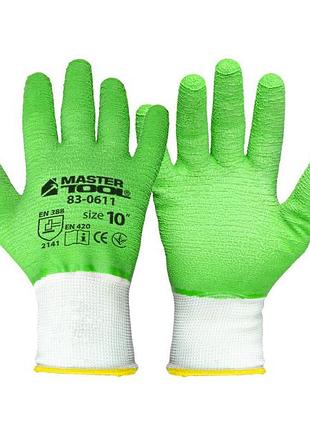 Перчатки трикотажные бесшовные mastertool полное ребристое латексное покрытие 10" подвес зеленые 83-0611doz