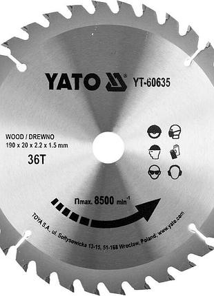 Диск по дереву 190 мм, пропил 2.2 мм, посадка 20 мм, 36т yato (yt-60635)