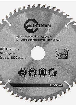 Диск пиляльний по деревині з твердосплавними напайками 210*30*1.5 мм, 60 зубів, 6800 об/хв. intertool ct-3024