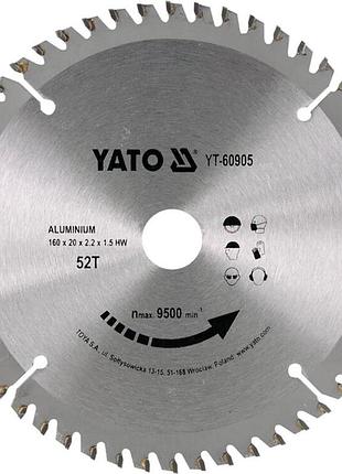 Диск пильный по алюминию ø= 160/20 мм, 52 зубцы, t = 1.5 мм yato (yt-60905)