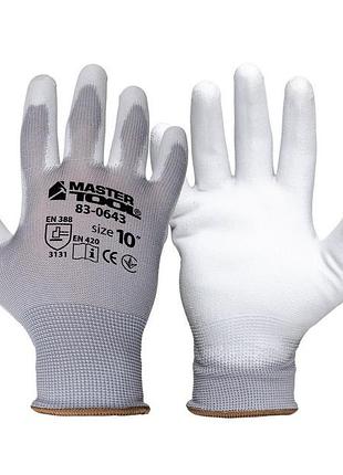 Рукавички безшовні трикотажні mastertool з поліуретановим покриттям долоні 10" 25-26 г підвіс 12 пар сірі