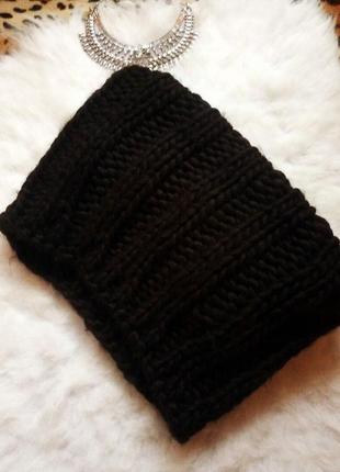 Чорний в'язаний шарф снуд великої в'язки з косами3 фото