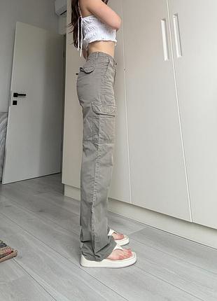 Штаны хаки брюки zara зара оливковые карго прямые 34 36 высокая тали посадка с карманами хлопок 2