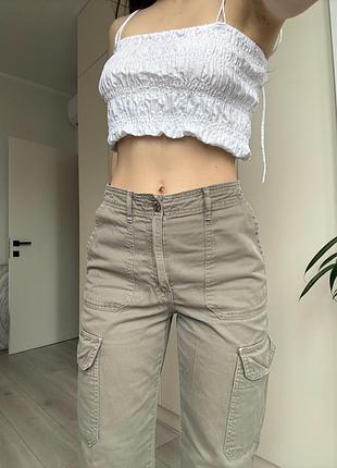 Штаны хаки брюки zara зара оливковые карго прямые 34 36 высокая тали посадка с карманами хлопок 3