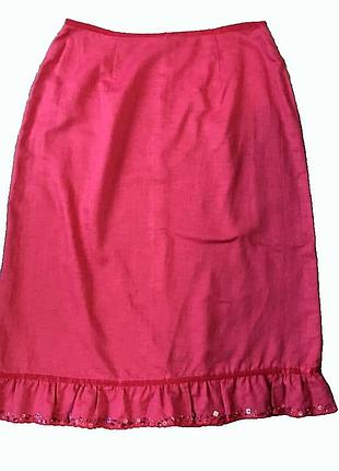 Спідниця monsoon лляна рожева з оборкою, міді,розмір 44 (l/xl)
