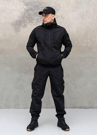 Спортивный костюм stone island демисезонный черный на молнии с капюшоном из плащёвки водонепроницаемый защищает от дождя и ветра