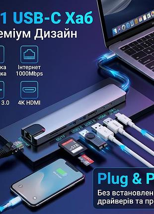 Usb type-c hub адаптер 8 в 1 для 4k hdmi | usb 3.0, pd, хаб | для ноутбука, macbook, планшета