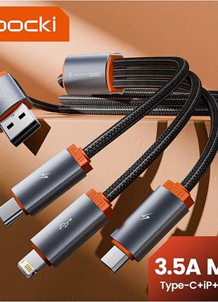 Кабель toocki 3-в-1 usb для швидкої зарядки: type-c, lightning (iphone), micro-usb