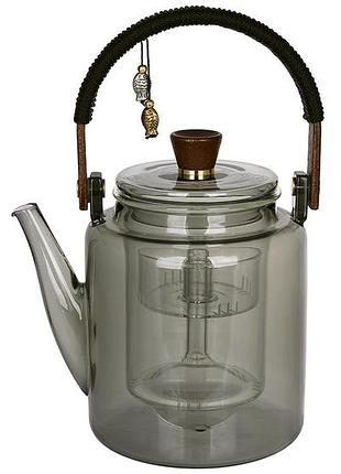 Чайник скляний заварювальний з деревяною кришкою 1000мл smokey grey