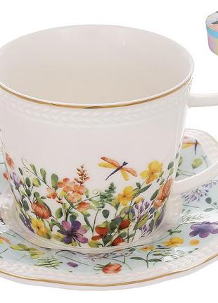 Чайный фарфоровый набор floral: 6 чашек 250мл, 6 блюдец, цвет - белый с цветочным дизайном и золо