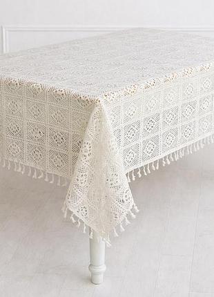 Скатертина бавовняна вязане мереживо з китицями 150*220см, boho crochet, колір - натуральний беж