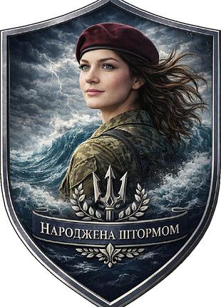 Шеврон рождённая штормом женщина в берете на фоне волн (д-36)