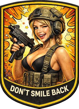 Шеврон don't smile back дівчина в шоломі з пістолетом-пулеметом (д-21)