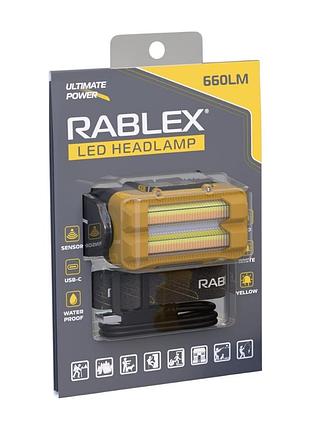 Налобный фонарь rablex rb981, жёлтый+белый+красный, 3хt6+4хcob, sensor, аккум, type-c modern home style