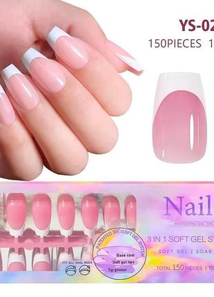 Гелевые типсы для наращивания soft gel с французским маникюром балерина м глянцевые 150 шт розовые с белым френчем (002)