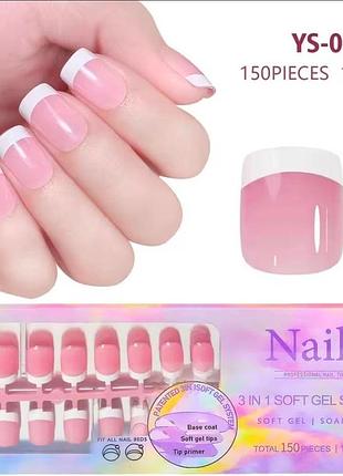 Гелевые типсы для наращивания soft gel с французским маникюром глянцевые короткий квадрат s 150 шт розовые с белым френчем (003)