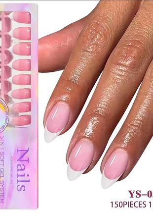 Гелевые типсы для наращивания soft gel с французским маникюром миндаль м глянец 150 шт розовые с белым френчем (005)