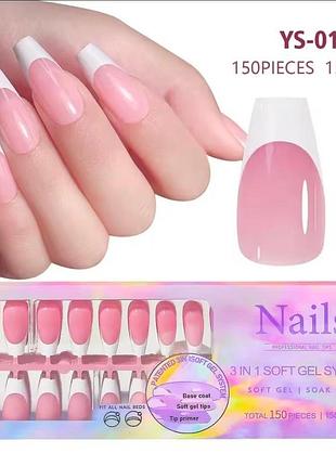 Гелевые типсы для наращивания soft gel с французским маникюром балерина l глянцевые 150 шт розовые с белым френчем (001)