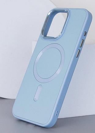 Кожаный чехол bonbon leather metal style with magsafe для apple iphone 12 pro max (6.7") голубой / mist blue