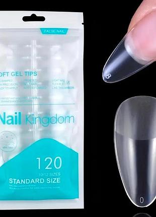 Гелеві тіпси для нарощування nail kingdom матові мигдаль середньої довжини120 шт прозорі (102)