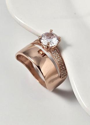 Серебряное двойное кольцо с позолотой как обручальное кольцо з большим цирконом 18, романтический