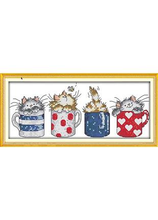 Набор для вышивания крестиком по нанесённой на канву схеме "cats hide in the cups". aida 14ct printed,29*13 см