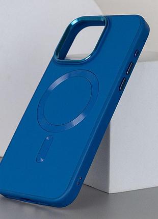 Кожаный чехол bonbon leather metal style with magsafe для apple iphone 13 pro (6.1") синий / indigo