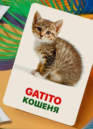 Карточки домана ‘‘домашние животные и их детеныши’’ – развивающие карточки для детей, на испанско-украинском языке, в наборе 16