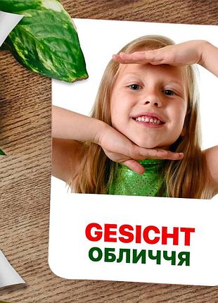 Карточки домана ‘‘части тела’’ – развивающие карточки для детей, на немецко-украинском языке, в наборе 16 карточек