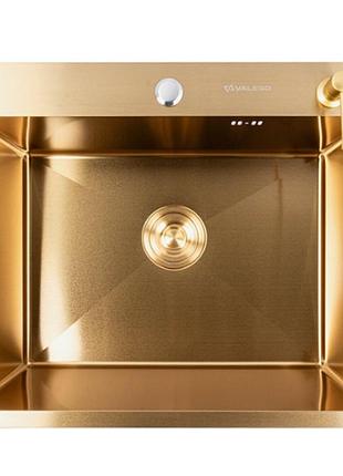 Кухонна мийка 60*50 pvd gold valeso (сифон круглий, 3,0/0,8) кухонна мийка матова золота преміум дизайнерська