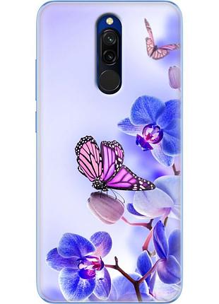 Чехол силиконовый с картинкой на xiaomi redmi 8 (цветок, бабочка на орхидее)