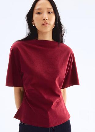 S h&amp;m новая фирменная женская блуза футболка хлопковый топ с вырезом горловины лодочка и складами