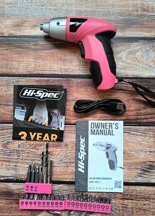 Аккумуляторная электро отвёртка hi-spec dt30317 3.6v usb (pink) европа британия