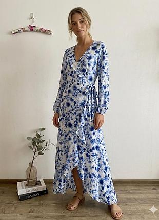 Плаття sinsay на запах xl синьо-біле в квіти віскоза