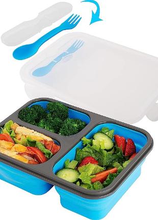 Универсальный складной ланч бокс на 3 секции со столовым прибором collapsible silicone lunch box синий