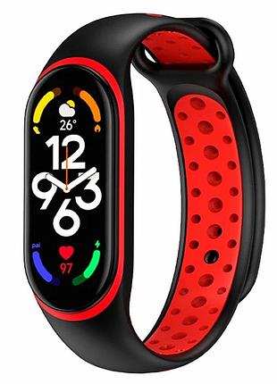 Ремешок для xiaomi mi band 5 6 7 силиконовый черный красный с перфорацией и кнопкой