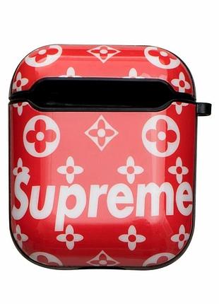 Футляр для наушников airpods 1 2 пластиковый силиконовый красный supreme red с карабином