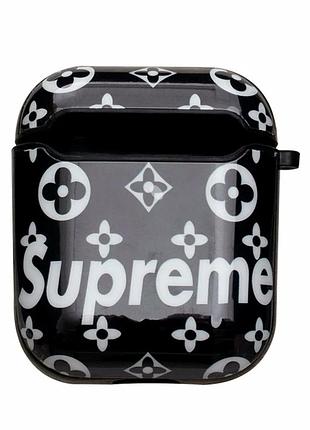 Футляр для наушников airpods glossy brand supreme black пластик силикон с карабином для airpods 1 2