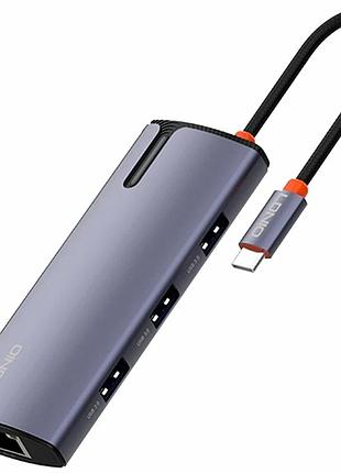 Usb hub 6 в 1 type-c pd 100w hdmi 4k 3 usb 3.0 rj45 1gbps сірий алюмінієвий ldnio ds-16h