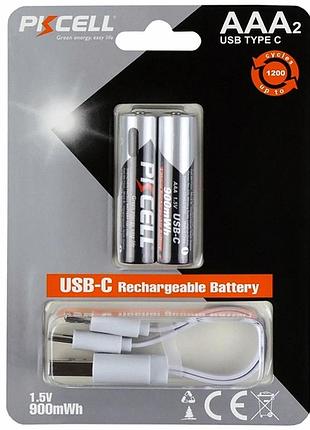 Аккумуляторная батарейка aaa 900mwh 1.5v usb-c 2 шт для пультов игрушек медицинских приборов pkcell aaa-900