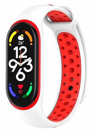 Ремешок для фитнес-трекера xiaomi mi band 5 6 7 силиконовый бело-красный с застёжкой кнопка