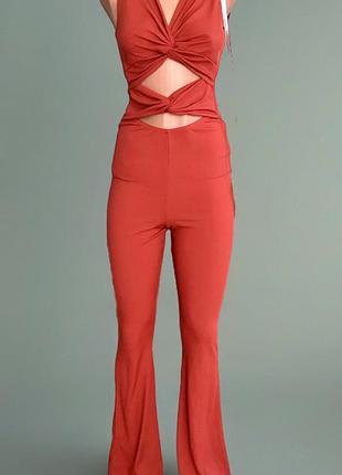Ефектний комбінезон prettylittlething у рубчик, теракотовий (розмір s)