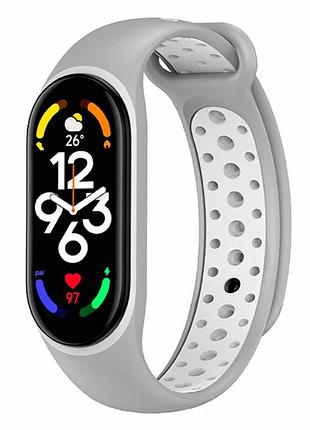 Ремешок для xiaomi mi band 5 6 7 силиконовый grey white с застёжкой кнопка и перфорацией