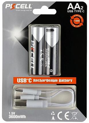 Аккумуляторная батарейка aa 3600mwh usb-c 1.5v 2 шт. для длительной работы устройств pkcell aa-3600